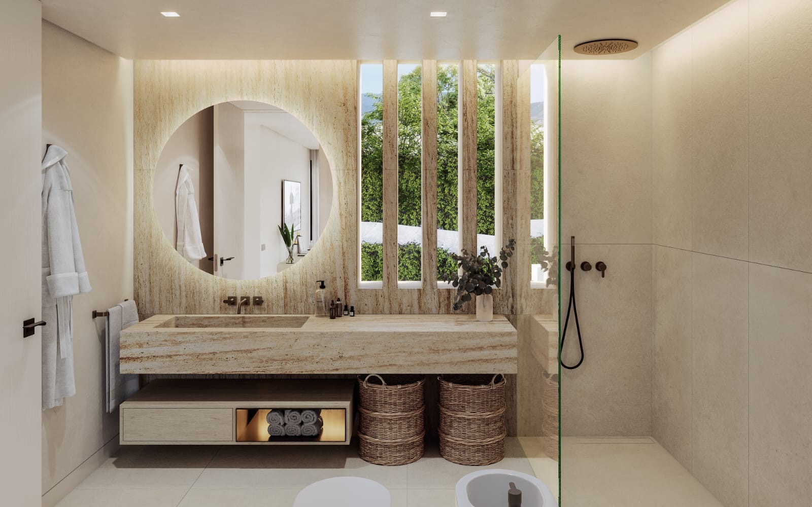 Spa bathroom render with freestanding bathtub and walk-in shower
